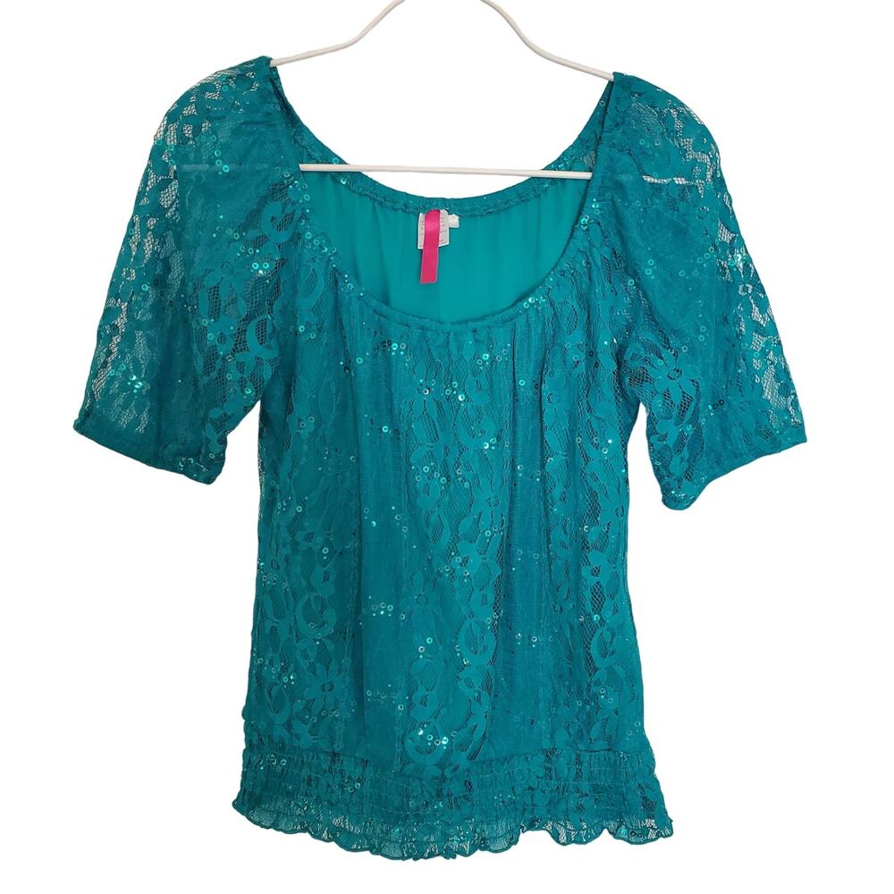 Candies Green Lace Top with Sequins and Ruched Hem Size M
